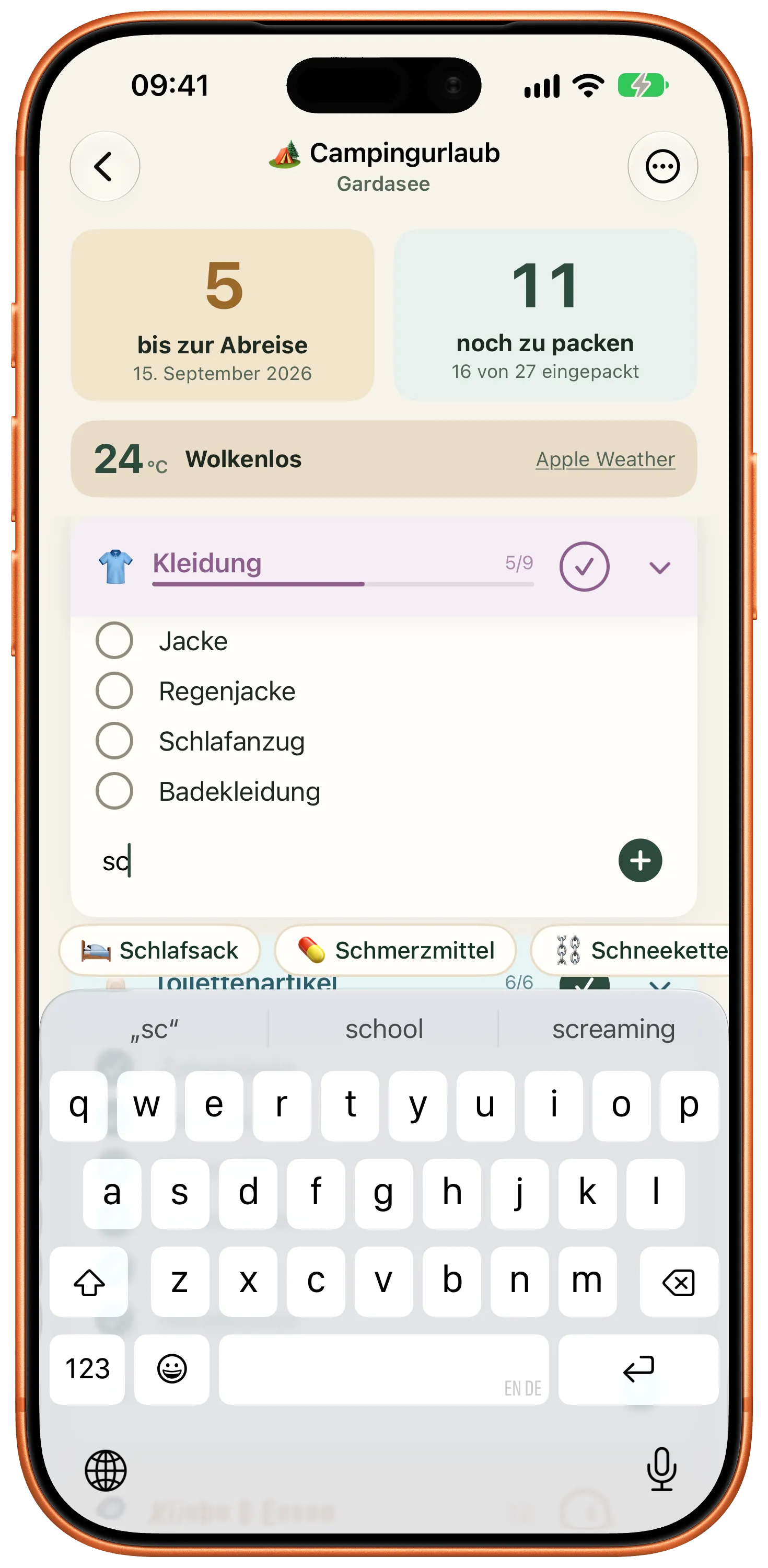 Vorschläge der App über der Tastatur beim Eintippen eines Eintrags