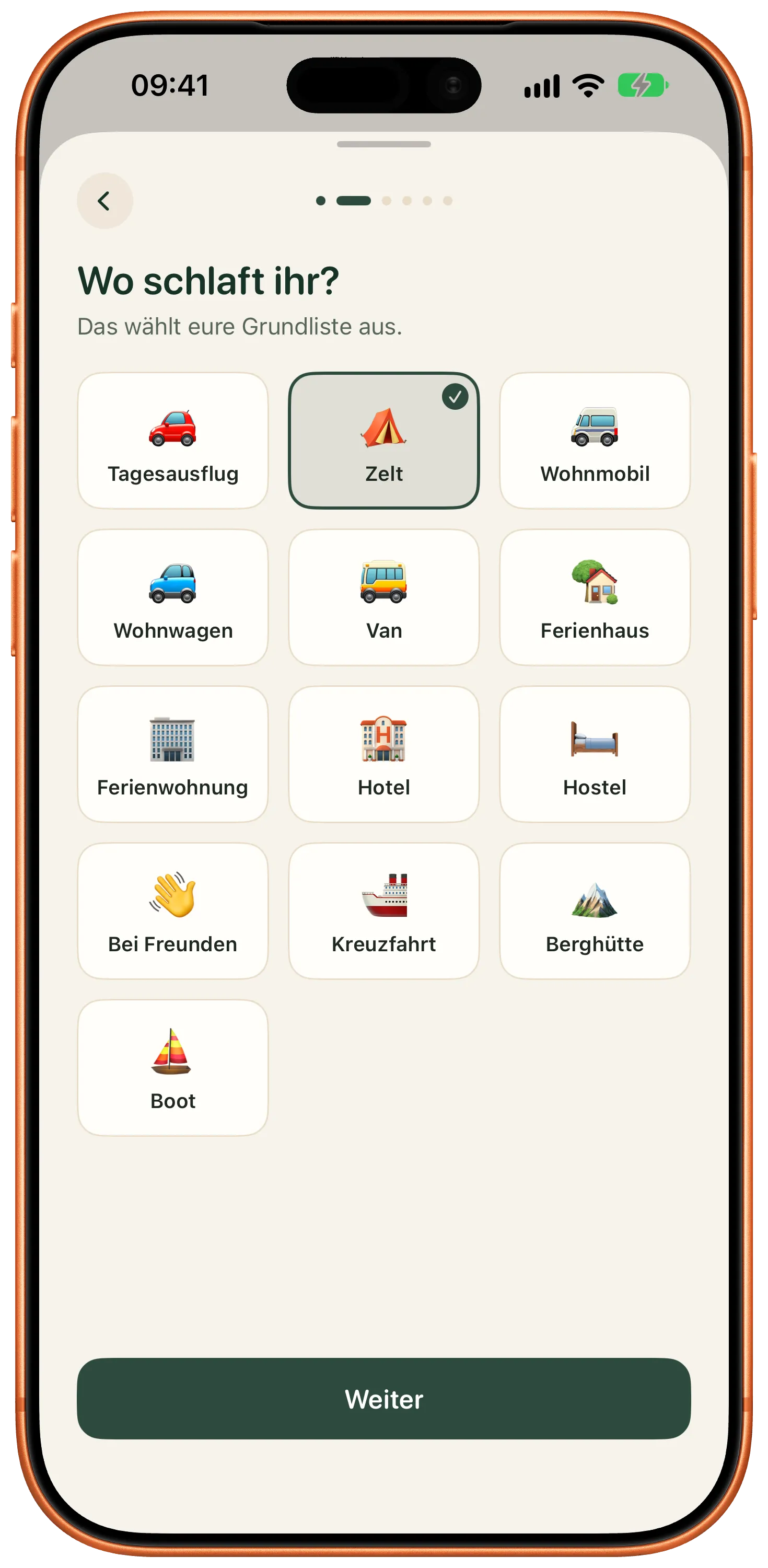 Packliste 4.0 fragt nach der Unterkunft für die passende Grundliste