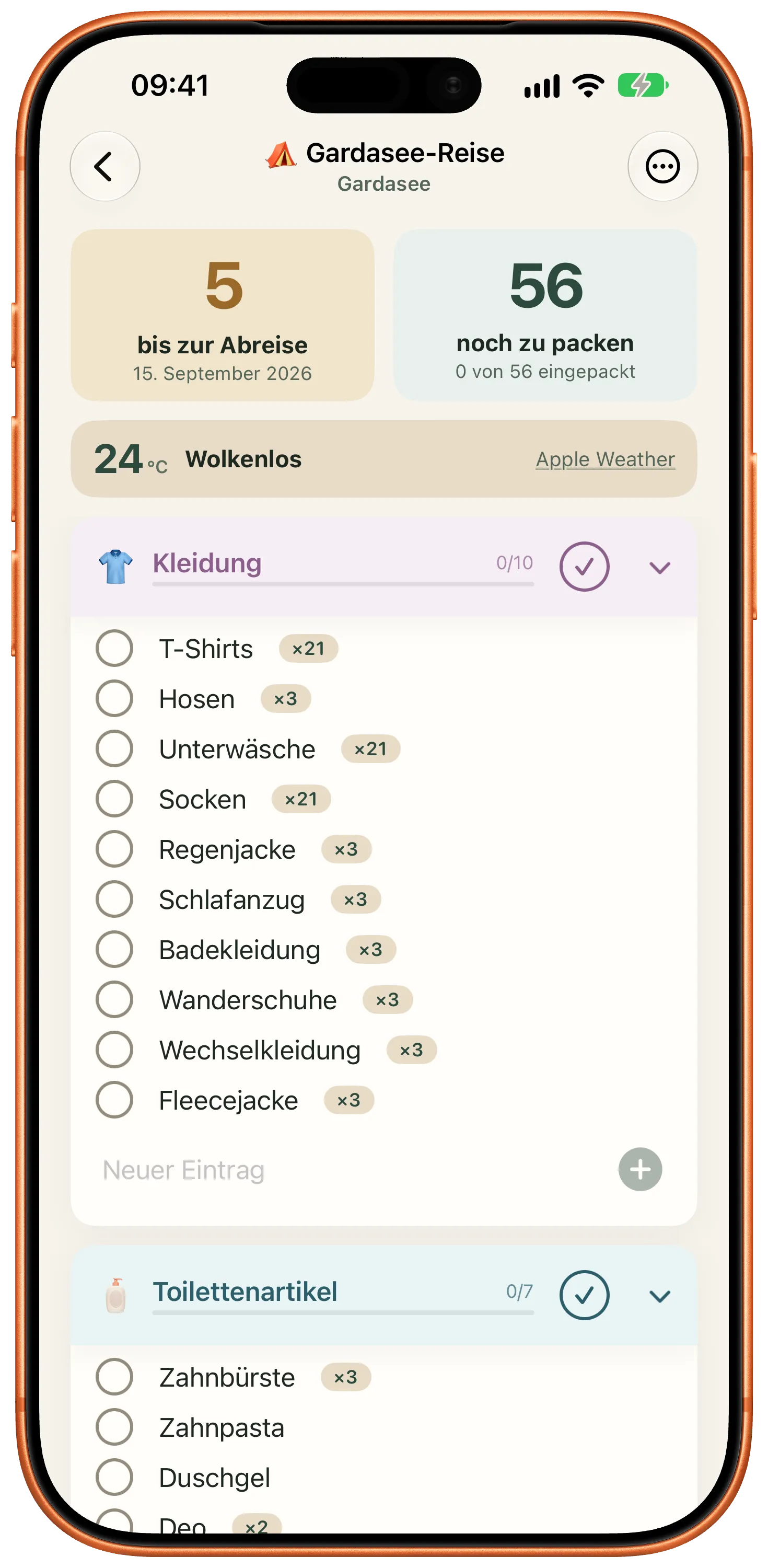 Die fertig zusammengestellte Packliste
