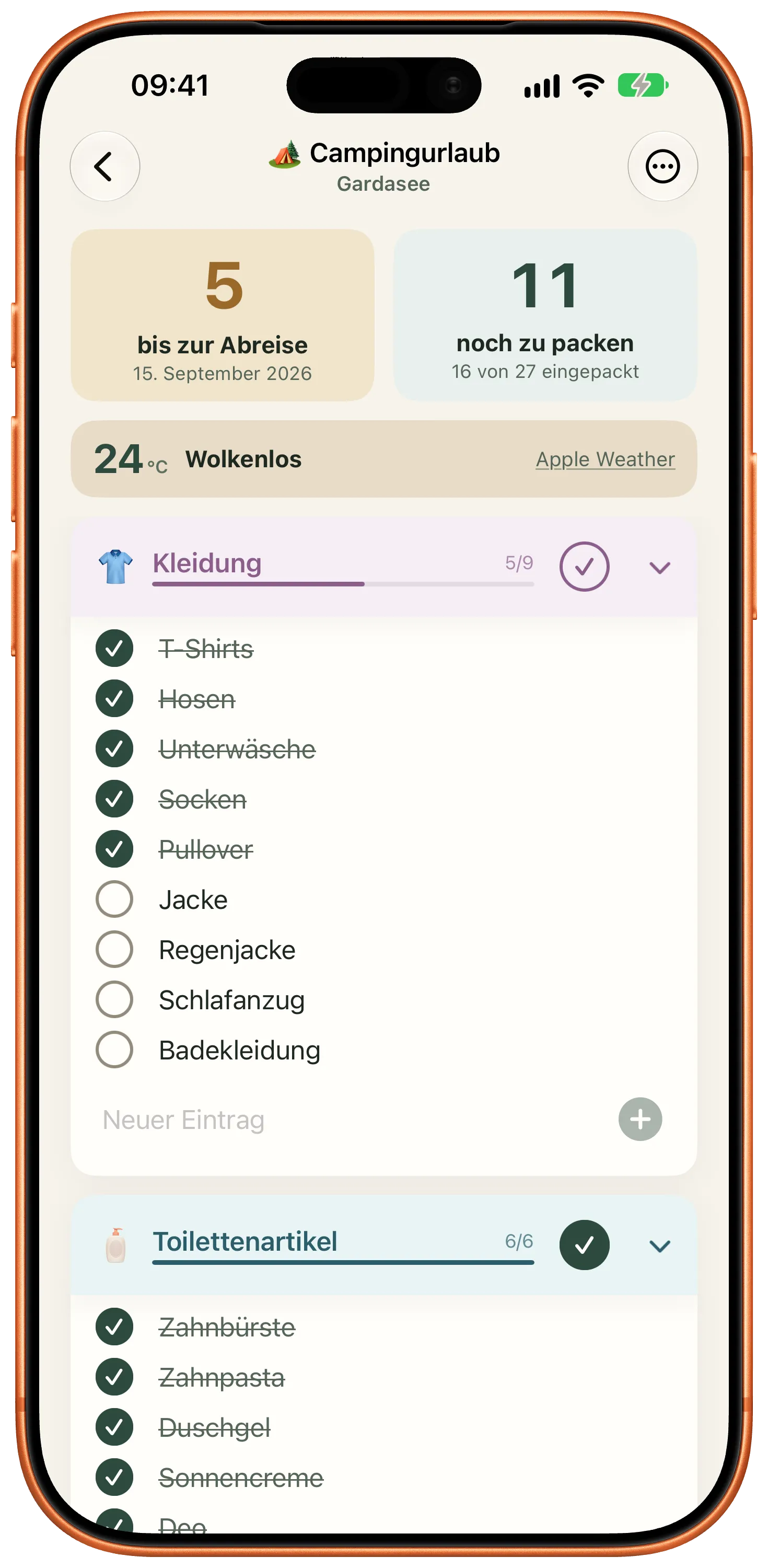 Packliste 4.0 mit einer kategorisierten Camping-Liste