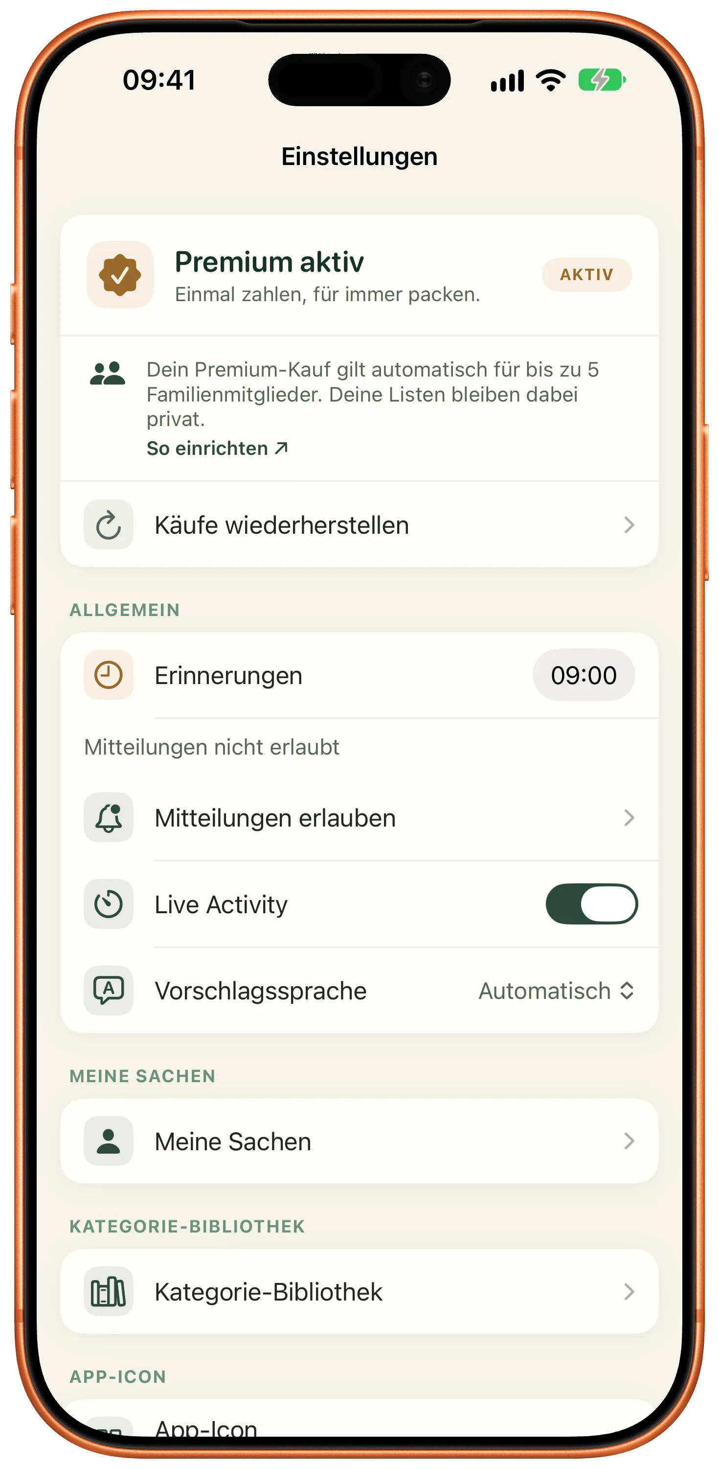Einstellungen mit Erinnerungszeit und Live Activity